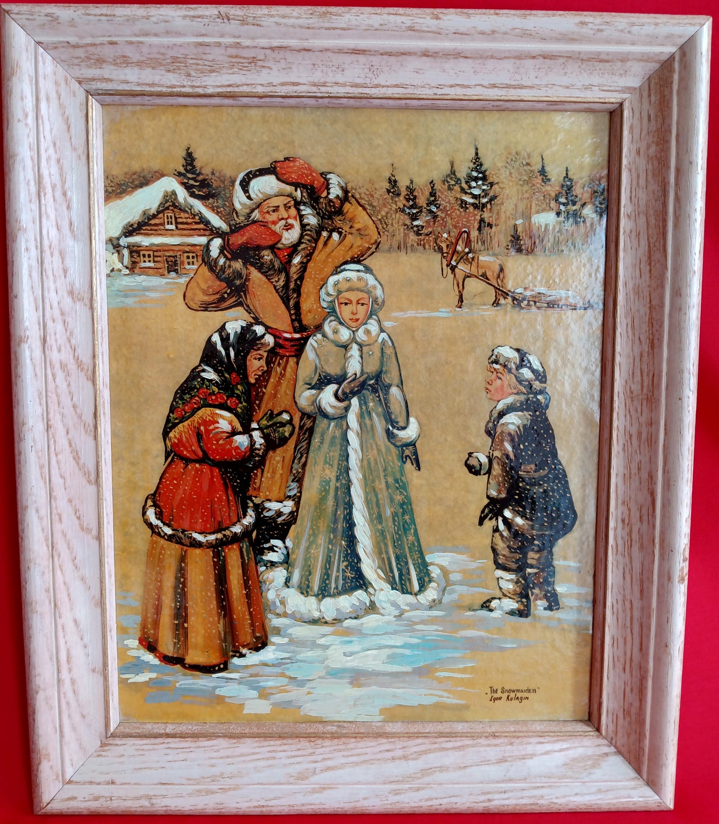 Vintage Impressionism Painting Folk Art Russian Folktale The Snow Maiden Oil Painting on Board Covered w/Enamel Paint Distress Oak Frame Artist Signed Igor Kulagin