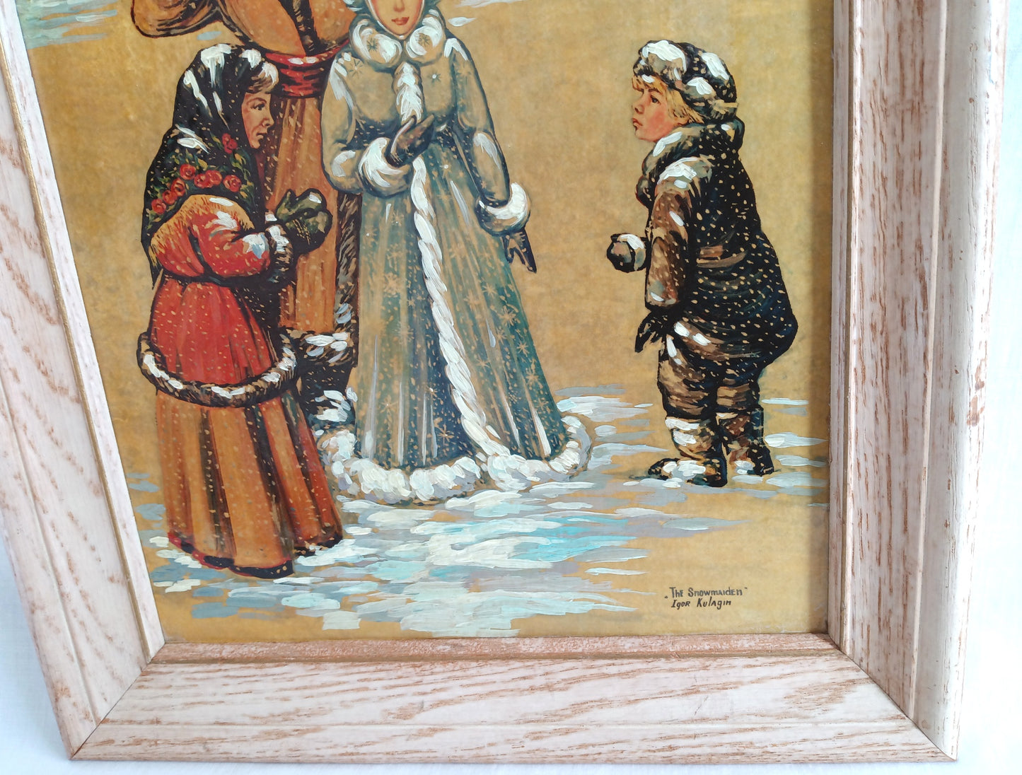 Vintage Impressionism Painting Folk Art Russian Folktale The Snow Maiden Oil Painting on Board Covered w/Enamel Paint Distress Oak Frame Artist Signed Igor Kulagin