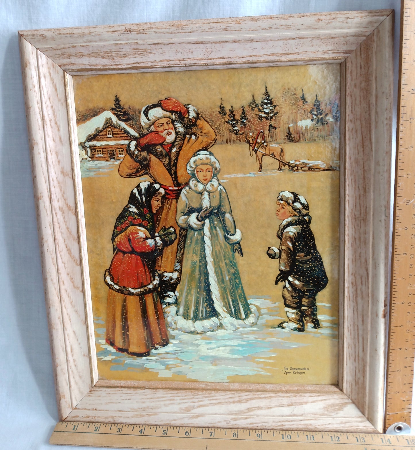 Vintage Impressionism Painting Folk Art Russian Folktale The Snow Maiden Oil Painting on Board Covered w/Enamel Paint Distress Oak Frame Artist Signed Igor Kulagin