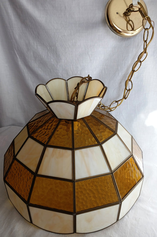 Vintage Tiffany Style Handcrafted Swag Pendant Hanging Lamp Ivory Yellow Amber Textured Stained Glass Slag Brass Canopy Chain Art Glass