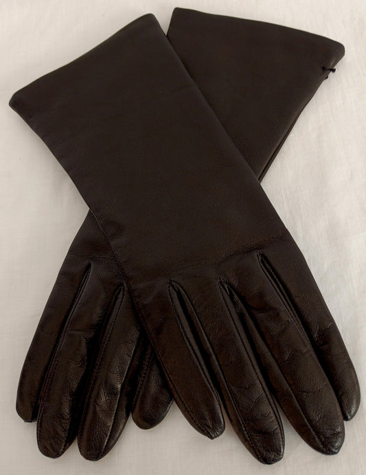 Vintage Black Classic Elegant Italian Genuine Leather Gloves Cashmere Lined Women Slip-on Style Slightly Flared Cuffs Medium Size 7-NOS