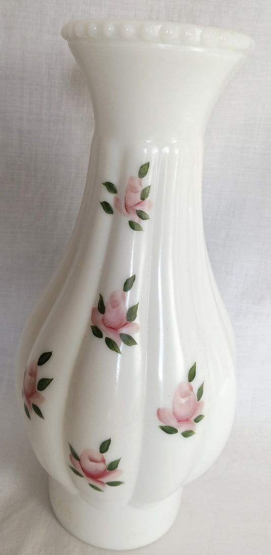 Vintage Heavy Milk Glass Hurricane Lamp Chimney Shade Pink Roses Ribbed Body Beaded Top Replacement Lampshade Retro Lighting Country Décor 3.25 “Fitter