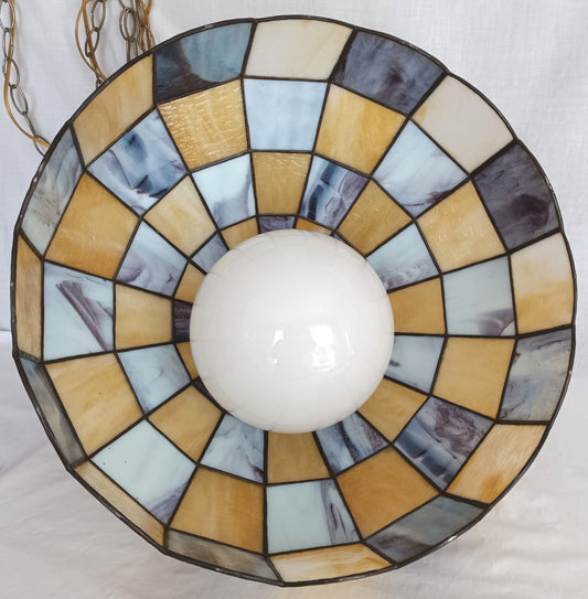 Pendant Ceiling Hanging Swag Lamp Tiffany Style Leaded Blue Yellow Tones Slag Glass Dome Shade Milk Glass Globe One Light Chain Plug In