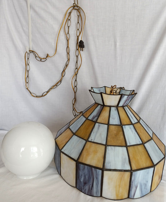 Pendant Ceiling Hanging Swag Lamp Tiffany Style Leaded Blue Yellow Tones Slag Glass Dome Shade Milk Glass Globe One Light Chain Plug In