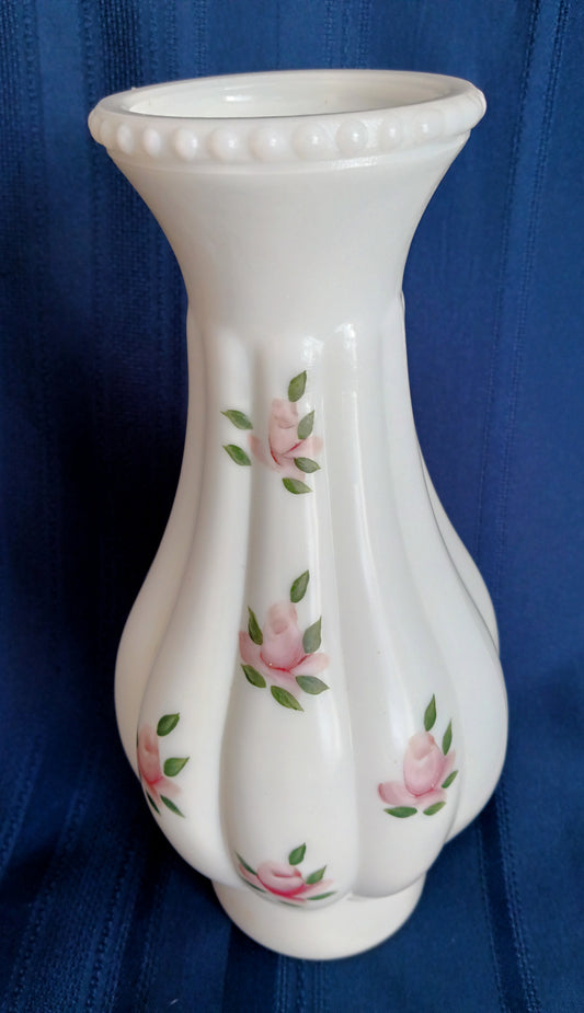 Vintage Heavy Milk Glass Hurricane Lamp Chimney Shade Pink Roses Ribbed Body Beaded Top Replacement Lampshade Retro Lighting Country Décor 3.25 “Fitter