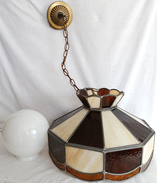 Vintage Swag Pendant Electric Hanging Lamp Tiffany Style Leaded Frame Ivory Amber Textured Stained Glass Slag Milk Glass Globe Canopy Chain