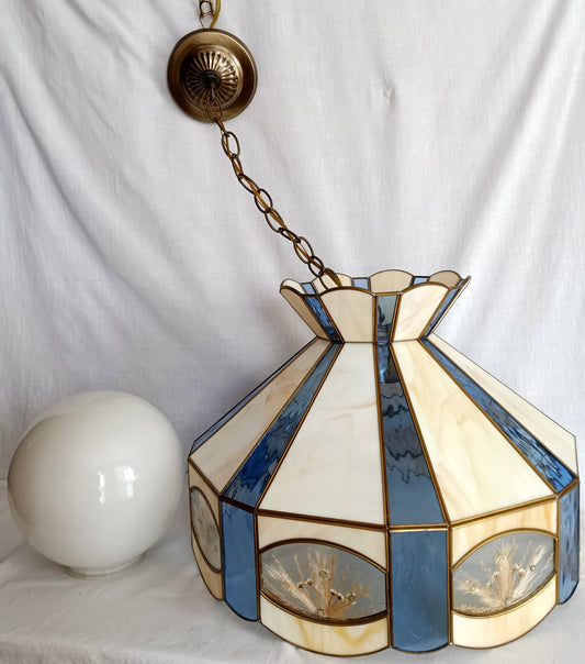 Vintage Large Pendant Hanging Lamp Tiffany Style Ivory Blue Stained-Glass Slag Pressed Flowers Milk Glass Globe Brass Canopy Chain Art Glass