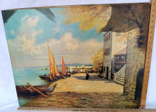 Vintage Large Oil Lithograph on Canvas Painting Scenic European Village Fishermen Sailboats Unframed Nautical Wall Art Signed W. Richter