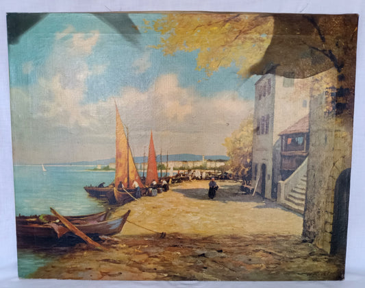 Vintage Large Oil Lithograph on Canvas Painting Scenic European Village Fishermen Sailboats Unframed Nautical Wall Art Signed W. Richter