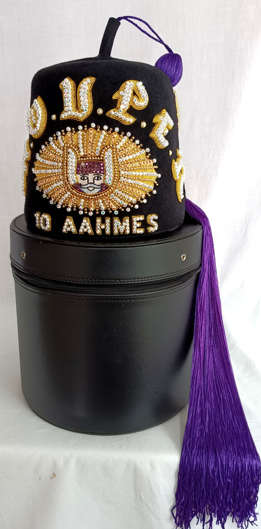 MOVPER Grotto Monarch Deluxe Fez 10 AAHMES D. Turin Co Black Wool Purple Tassel Holder Rhinestones Gold Pearls Black Case Fez Size 7 5/8-NOS