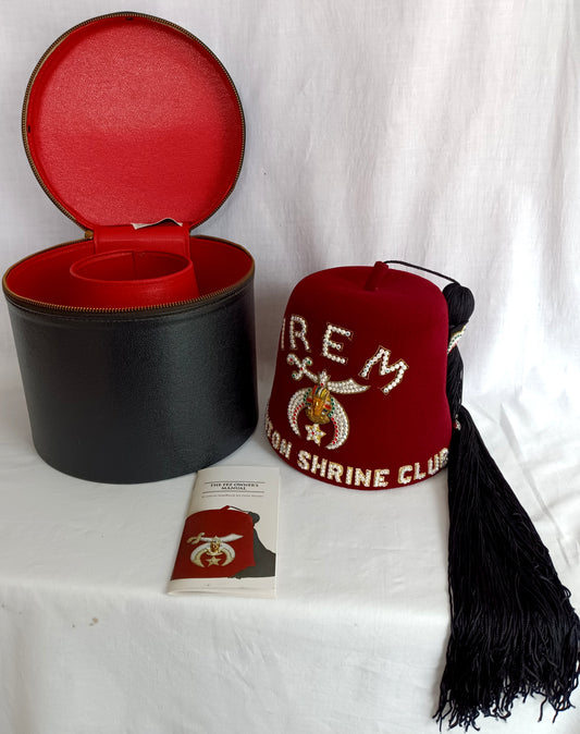 Vintage IREM Masonic Scranton Club Fez Burgundy Wool Hat Black Tassel Holder Rhinestones D Turin Co. Black Carrier Case Fez Size 7