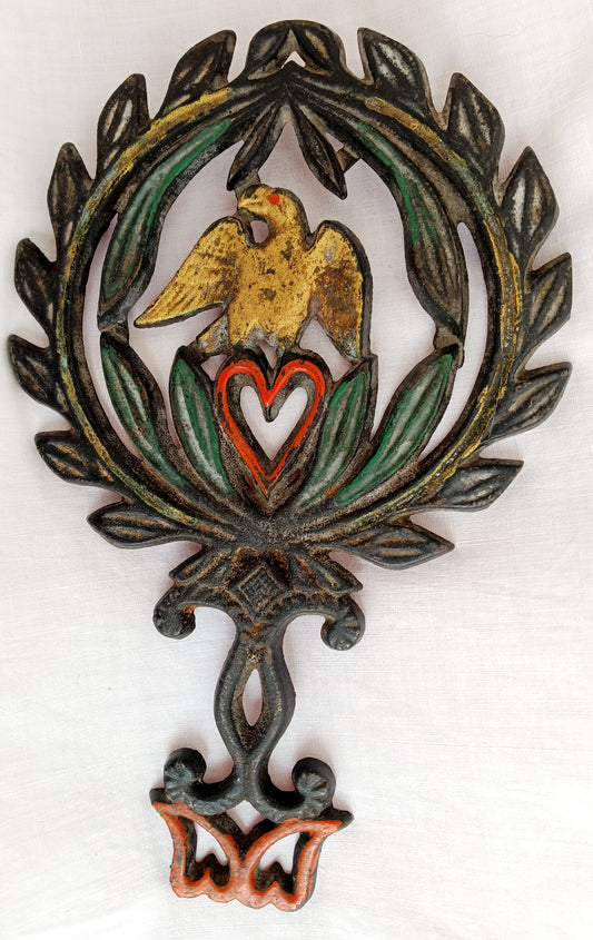 Vintage Black Cast Iron Trivet Gold Eagle on Red Heart Laurel Leaves Footed Double Heart Design Handle Potholder Painted Trivet Country