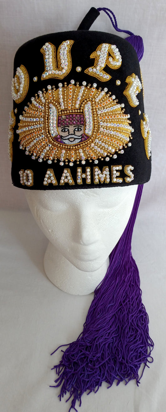 MOVPER Grotto Monarch Deluxe Fez 10 AAHMES D. Turin Co Black Wool Purple Tassel Holder Rhinestones Gold Pearls Black Case Fez Size 7 5/8-NOS