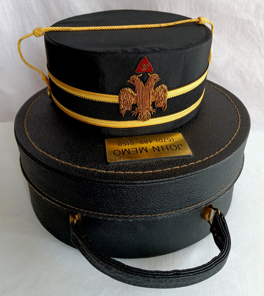 Vintage Masonic Scottish Rite Freemasons Black Cap Fez 32 Degree Double Headed Eagle Embroidery CE WARD Co Black Carrier Case Cap Size 7 1/4