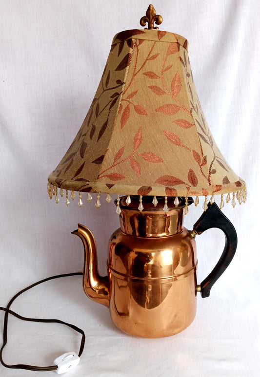 Antique Art & Crafts Decorative Table Lamp Copper Brass Teapot Kettle Wooden Handle w/Harp Fleur-de-lis Finial in Line Switch Country Décor