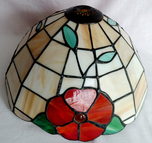 Vintage Handcrafted Tiffany Style Leaded Stained Slag Glass Ivory Red Flower Design Dome Replacement Lampshade Table Lamp Pendant Shade 11.5 "D