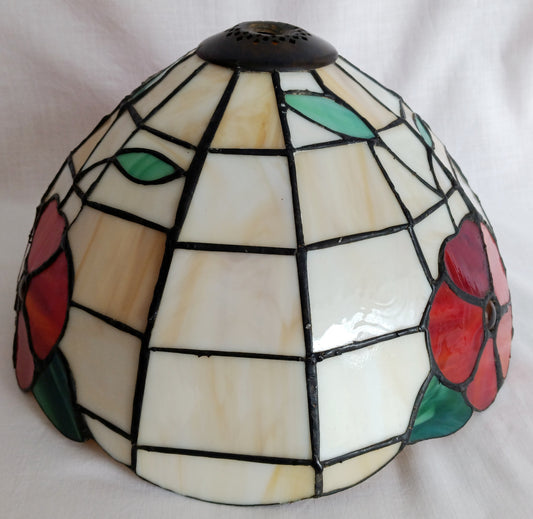 Vintage Handcrafted Tiffany Style Leaded Stained Slag Glass Ivory Red Flower Design Dome Replacement Lampshade Table Lamp Pendant Shade 11.5 "D