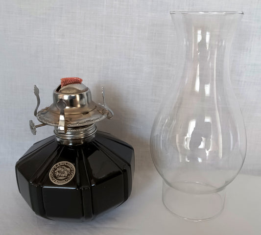 Vintage Lamplight Farms Oil Kerosene Table Lamp Black Glass Base Made in Austria Clear Glass Chimney Chrome Burner Rustic Décor-NOS