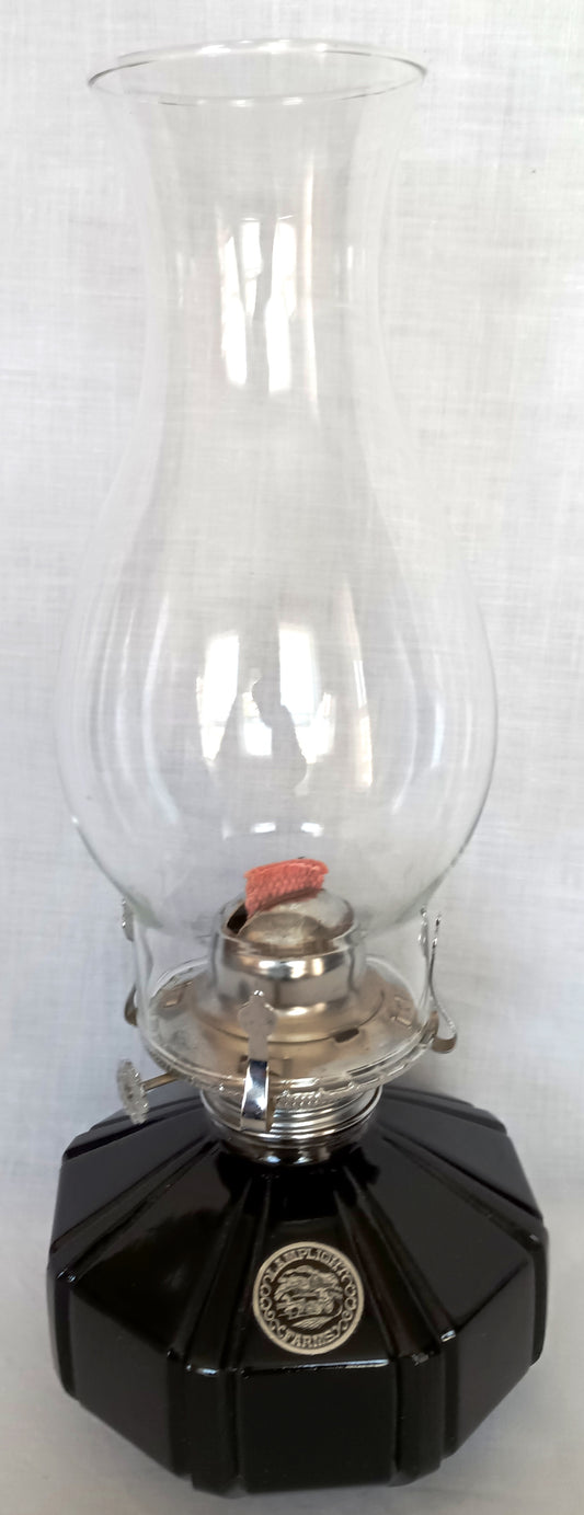 Vintage Lamplight Farms Oil Kerosene Table Lamp Black Glass Base Made in Austria Clear Glass Chimney Chrome Burner Rustic Décor-NOS