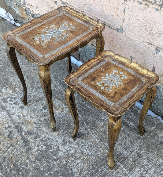 Pair Vintage Antique Old Solid Wood Wooden Gilted Square Nesting Nested Stacked Stackable Side Accent End Tables Stands Set