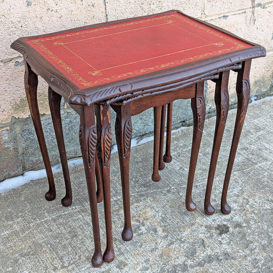 Set of Small Vintage Antique Old Solid Wood Wooden Carved Serpentine Square Leather Nesting Nested Stacked Stand Side Accent Tables