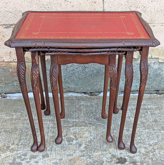 Set of Small Vintage Antique Old Solid Wood Wooden Carved Serpentine Square Leather Nesting Nested Stacked Stand Side Accent Tables