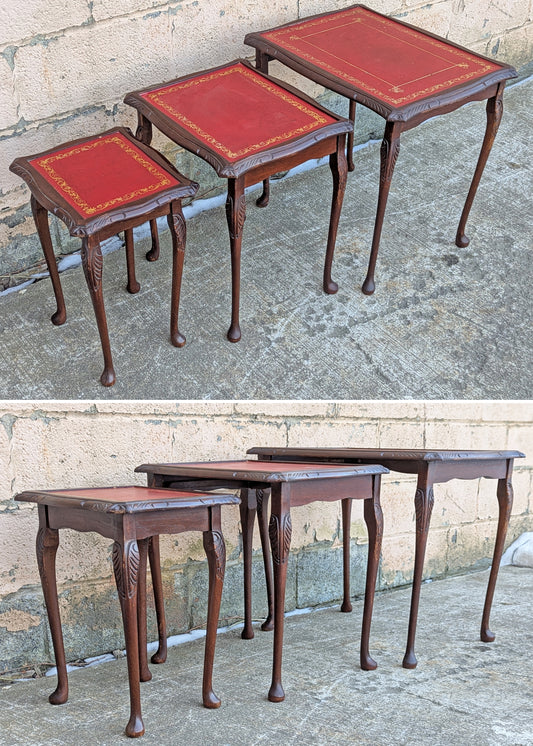 Set of Small Vintage Antique Old Solid Wood Wooden Carved Serpentine Square Leather Nesting Nested Stacked Stand Side Accent Tables