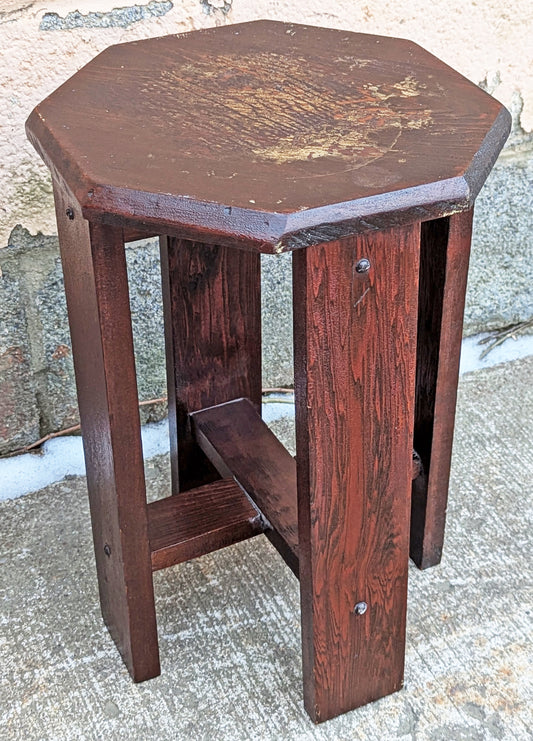 Antique Vintage Old Solid Cypress Wood Wooden Octagon Octagonal Lamp End Side Accent Table Plant Stand Stool Arts & Crafts Mission Style