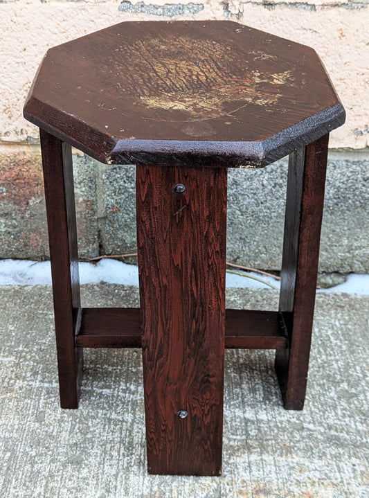 Antique Vintage Old Solid Cypress Wood Wooden Octagon Octagonal Lamp End Side Accent Table Plant Stand Stool Arts & Crafts Mission Style