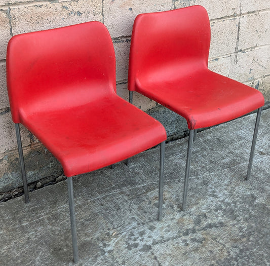 Pair of Vintage Old 1980's Kusch+ Co. Red Stackable Lounge Lobby Office School Seat Chairs