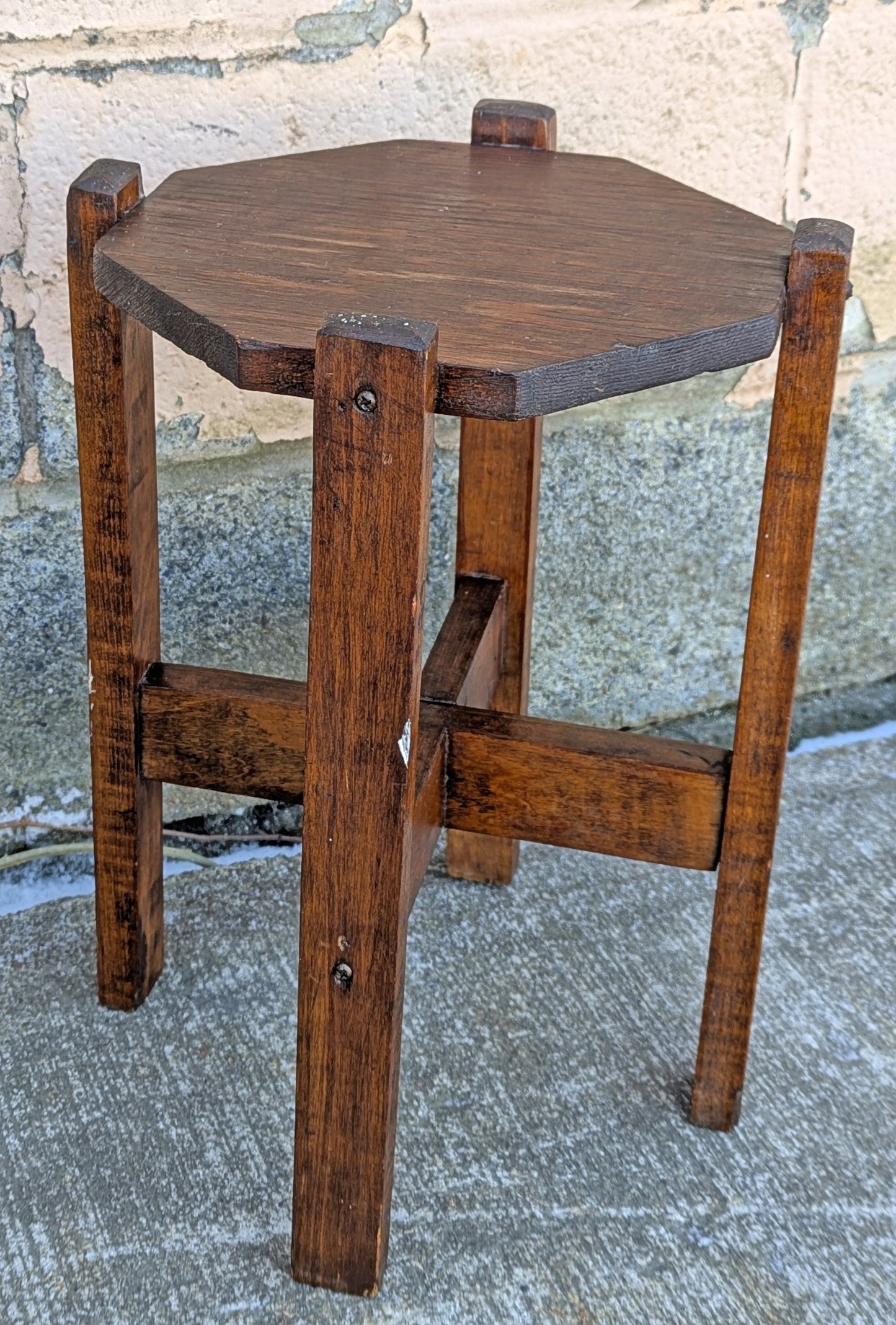 Antique Vintage Old Solid Wood Wooden Octagon Octagonal Lamp End Side Accent Table Plant Stand Stool Chair Arts & Crafts Mission Style