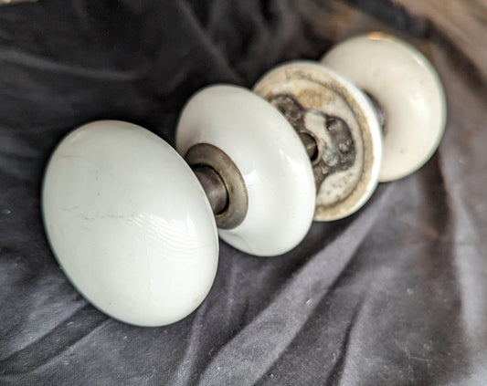 3 Pairs available Antique 1889 Vintage Old Salvaged Reclaimed Victorian White Porcelain Ceramic Door Knob Doorknob Pull Handle Plate Rosette