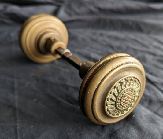 Pair Antique 1880 Vintage Old Salvaged Reclaimed Victorian Greek Revival Neo Grec Solid Cast Bronze Doorknobs Door Knobs