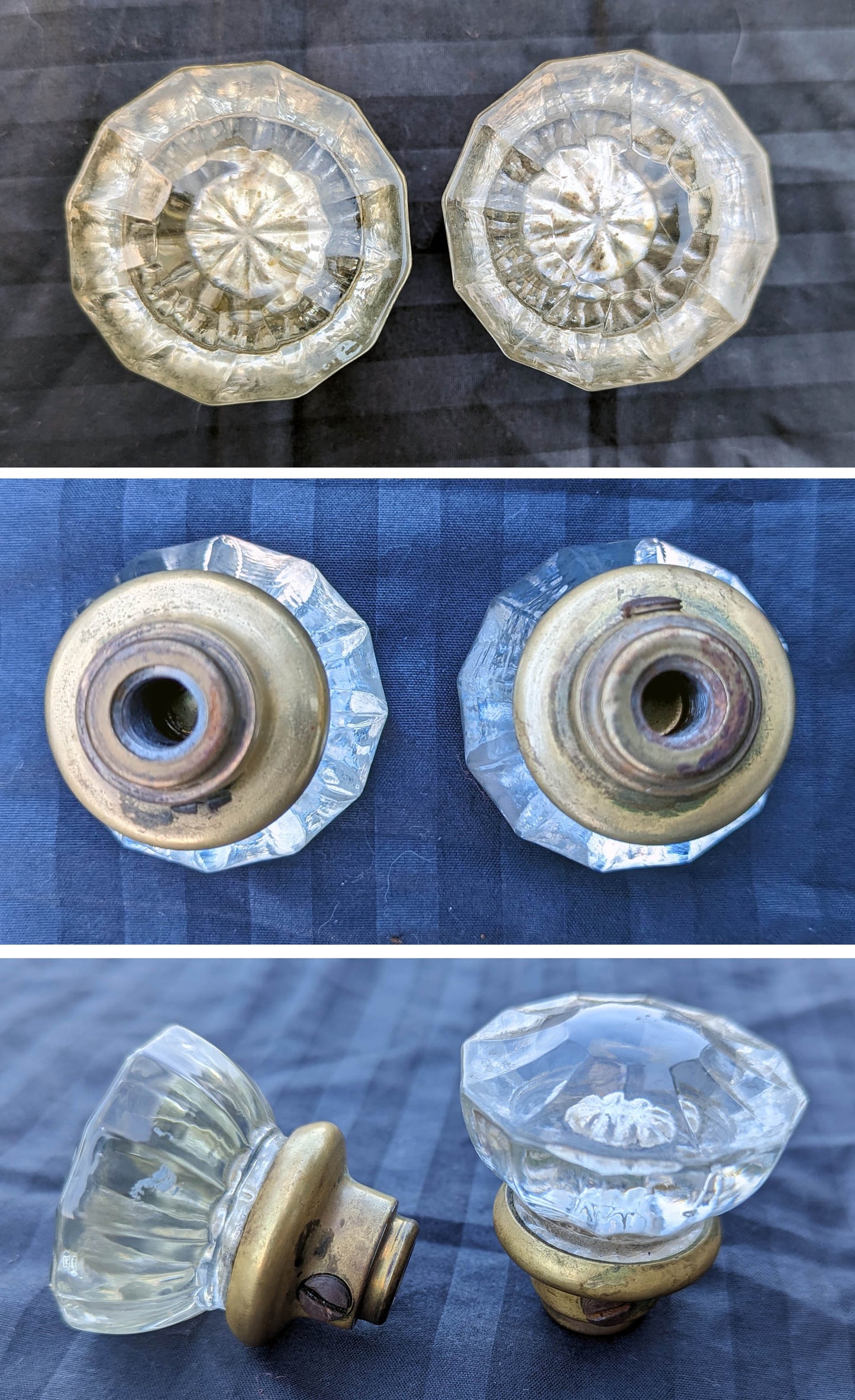 7 available Antique Vintage Old Salvaged Reclaimed Russwin "Cleo" Door Set Glass Knob Brass Steel Plate Lock Lockset Art Nouveau Style