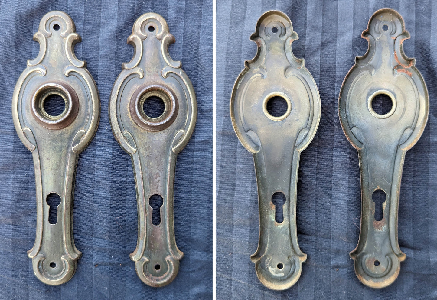 7 available Antique Vintage Old Salvaged Reclaimed Russwin "Cleo" Door Set Glass Knob Brass Steel Plate Lock Lockset Art Nouveau Style