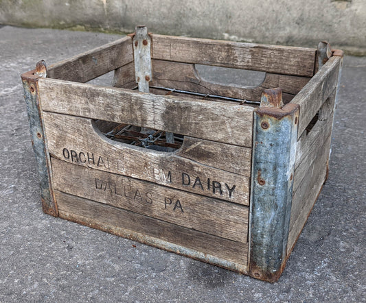 Antique Vintage Old Primitive Distressed Wood Wooden Metal "Orchard Farm Dairy" Dallas PA Pennsylvania Milk Crate Box Bin Storage Decor