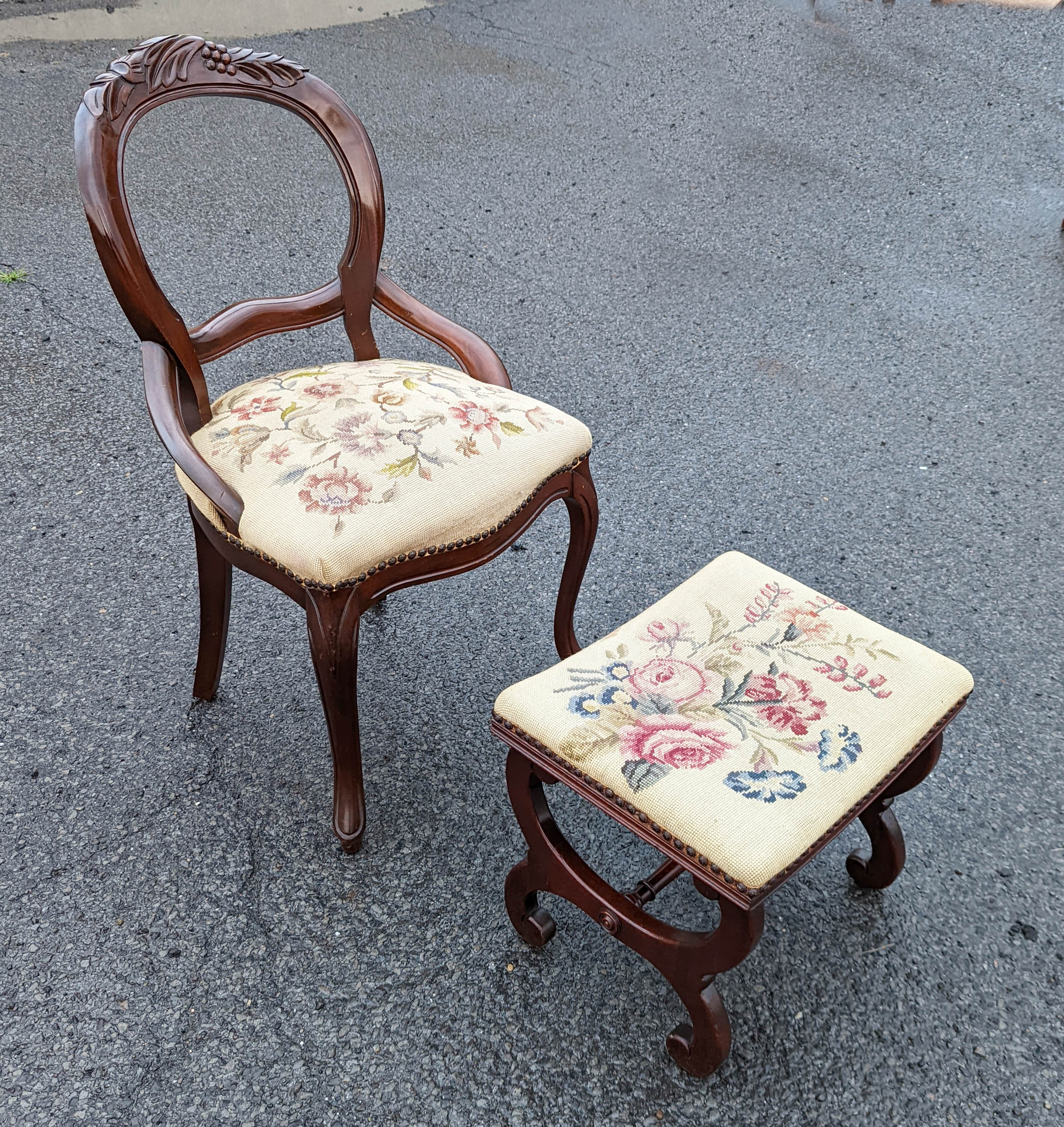 Antique Vintage Old Victorian Carved SOLID Walnut Mahogany Wood Wooden  Floral Fabric Side Dining Accent Chair Ottoman Foot Stool Bench