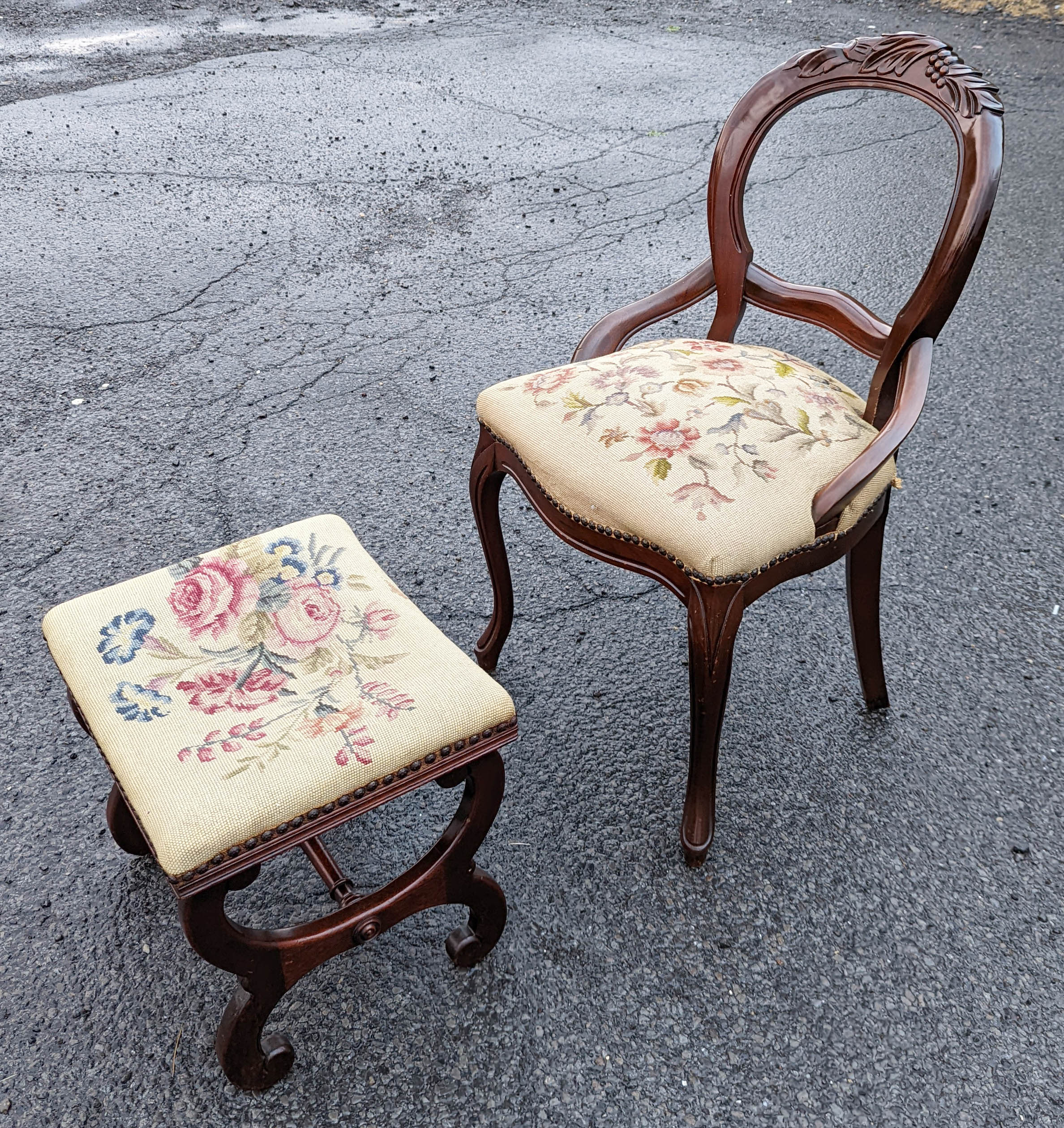 Antique Black Needlepoint Flower Wooden Footstool - Old Vintage Victorian Country Farmhouse Cottagecore Wood buy Foot Stool Chair Ottoman Accent