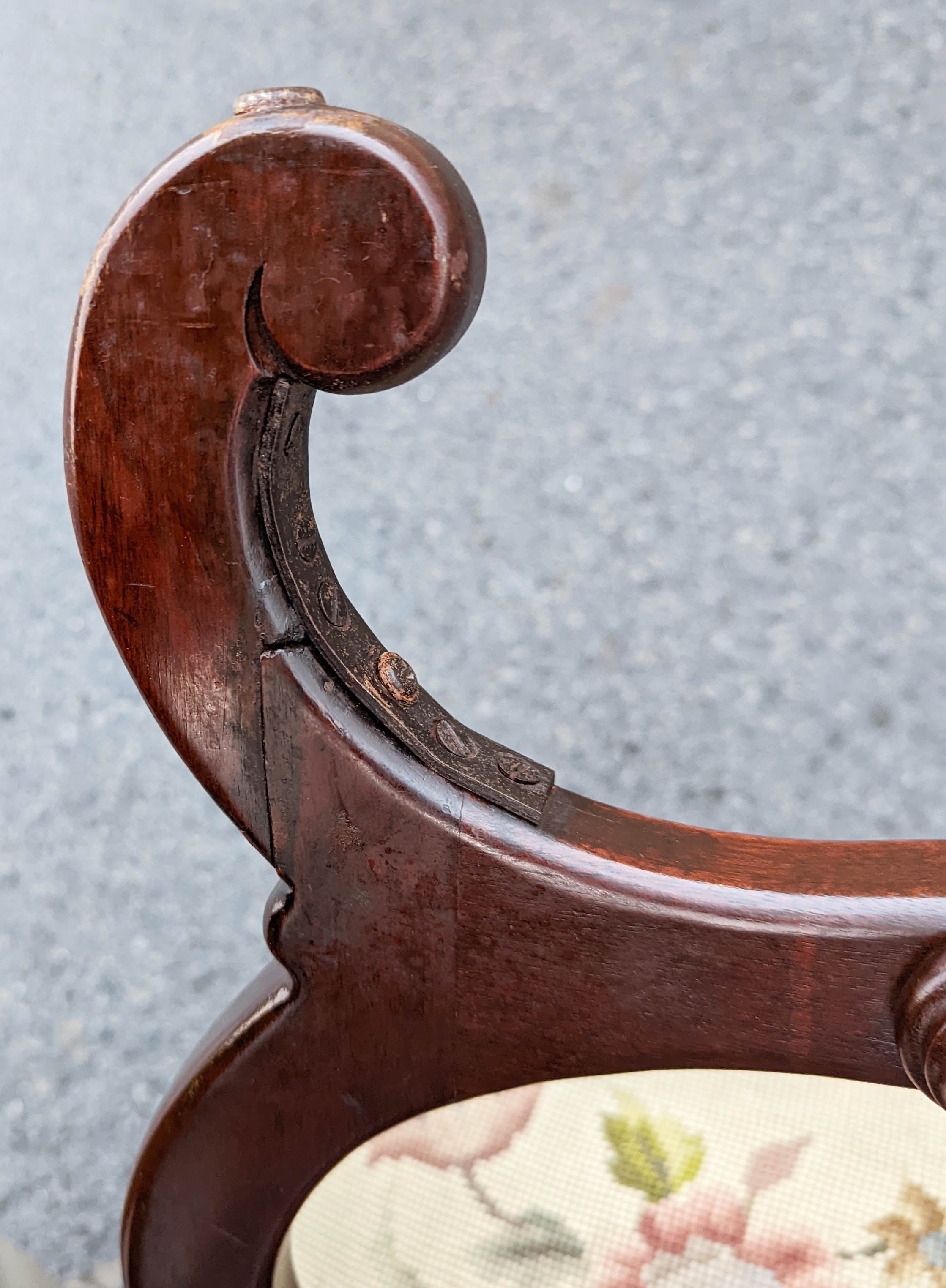 Antique Vintage Old Victorian Carved SOLID Walnut Mahogany Wood Wooden  Floral Fabric Side Dining Accent Chair Ottoman Foot Stool Bench