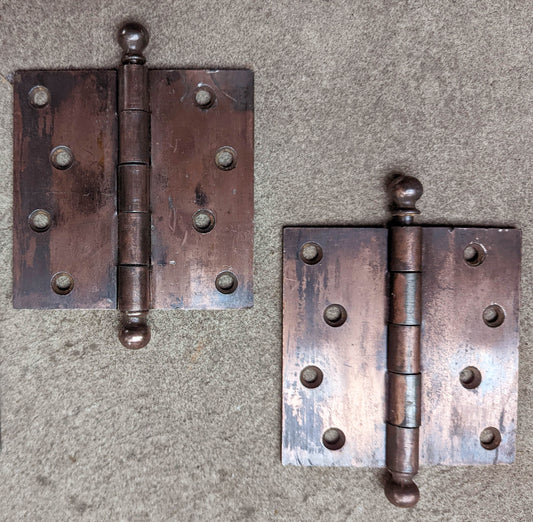 Pair 4.5"x5.5" Antique Vintage Old Reclaimed Salvaged "Stanley" Steel Copper Steel Ball Tip Finial Exterior Entry Door Hinges Screws