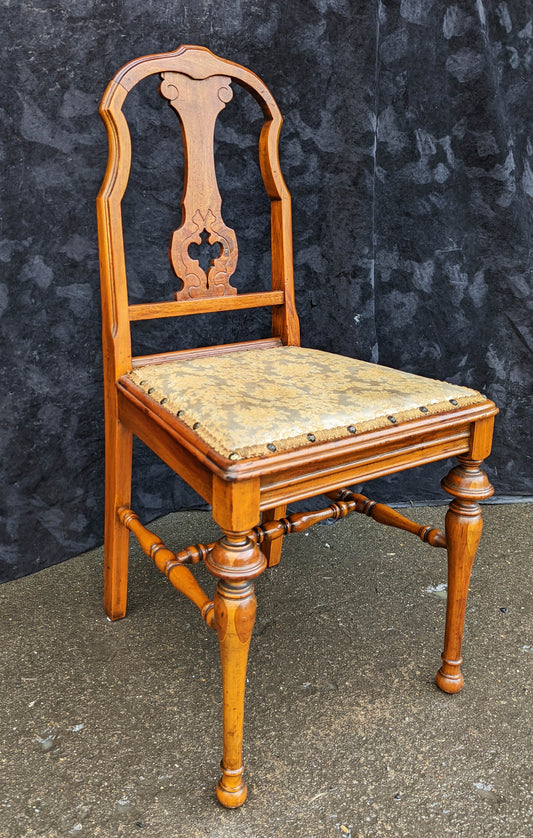 Antique Vintage Old "Rushville" SOLID Walnut Wood Wooden Carved Side Dining Accent Desk Chair Fabric Caned Wicker Seat