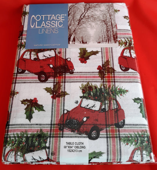 Vintage Cottage Classic Linens Christmas Tablecloth Holiday Home Decor Cotton Oblong Rectangle 60”x 84”- NOS-Made in India