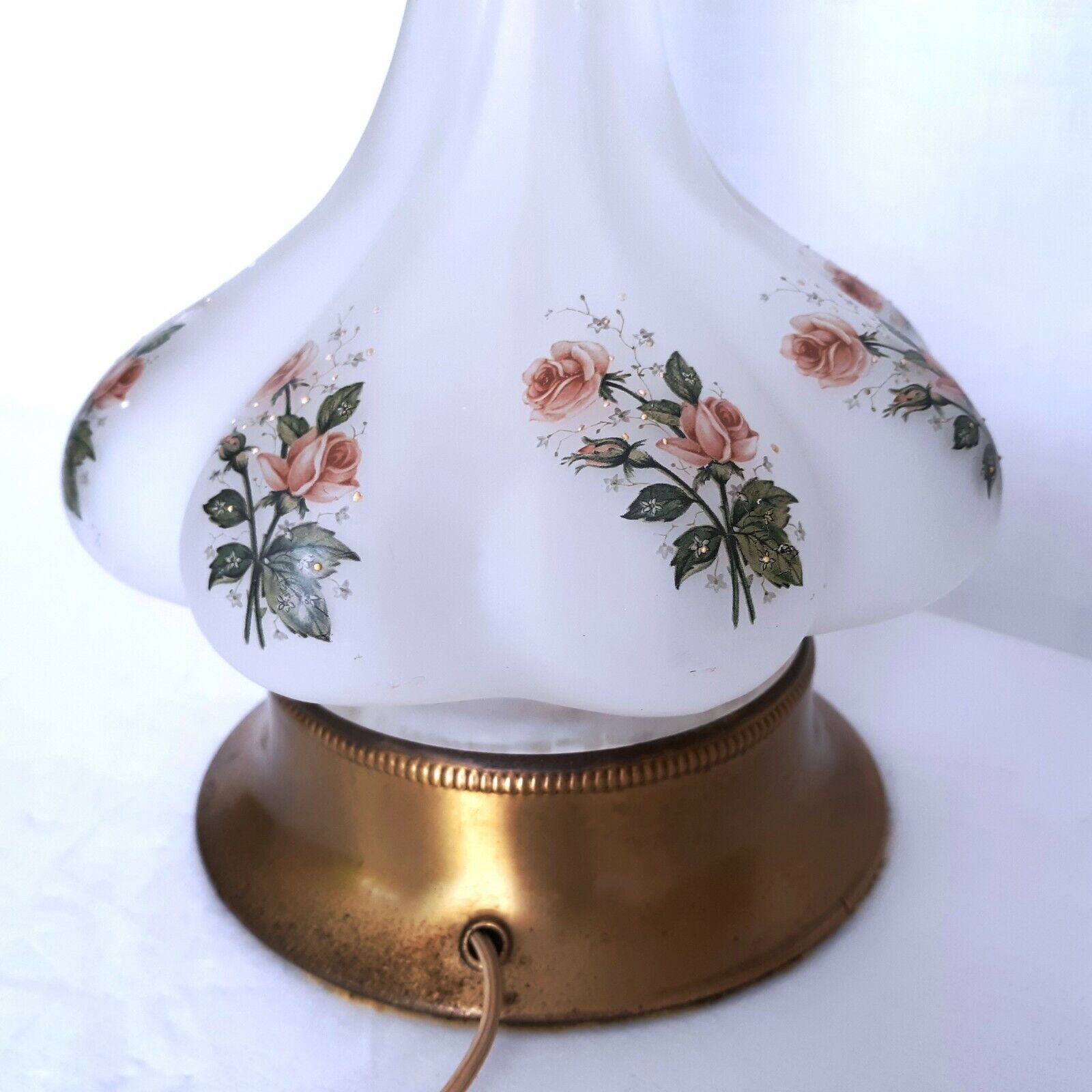 Vintage Table Lamp Off White Glass Brass Base Fine Painted Pink