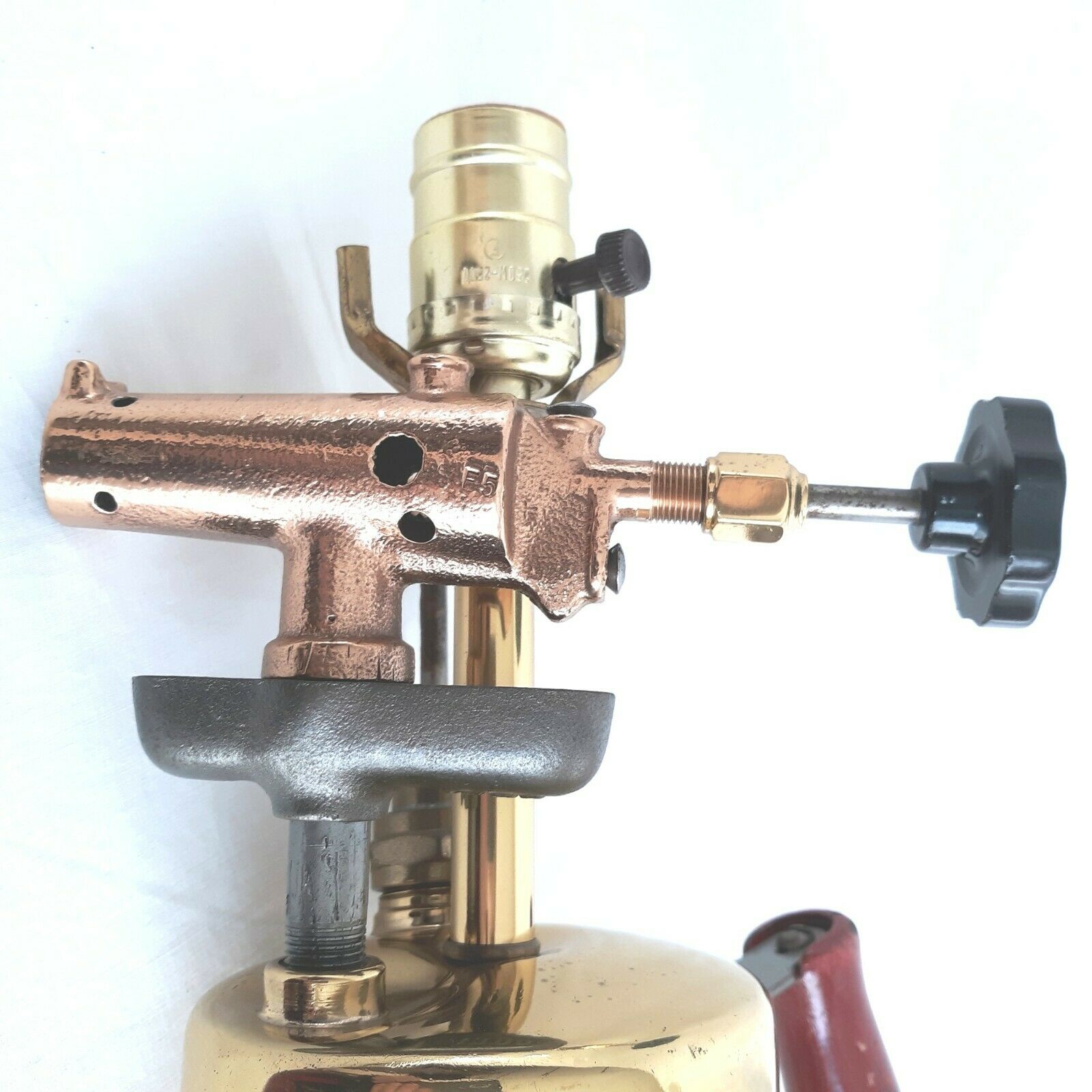 Repurposed English brass blow torch number 132. Brass repurposed blow torch. 2024 Vintage repurposed blowtorch made of brass. Blow torch