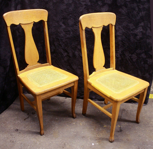 Pair Vintage Antique Old Reclaimed Salvaged Oak Wood Wooden Fiddle Bck Side Dining Chair Caned Seat