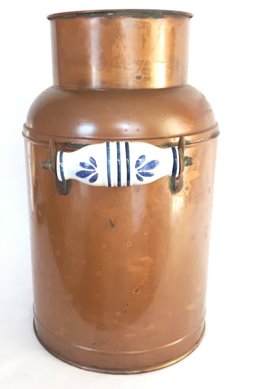 Antique Copper Milk Jug Can hot Blue White Porcelain Handles Farmhouse Cottage Decor