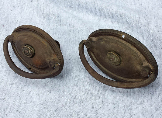 Pair Antique Vintage Old Reclaimed Salvaged Metal Drawer Cabinet Furniture Door Drop Pull Handle Plate