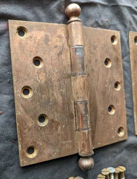 Pair 6"x6" Antique Vintage Old Reclaimed Salvaged "Stanley" Bronze Steel Exterior Entry Door Hinges