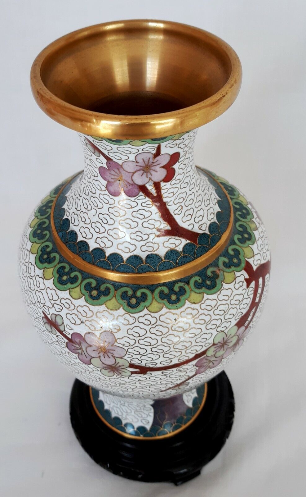 Chinese Enamel Brass Cloisonné Vase Gilt Cherry Blossom Bird Asian