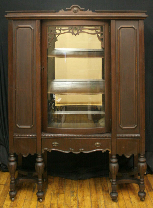 Antique Vintage Old Reclaimed Salvaged Wood Wooden Bowed Glass Curio China Cabinet Server Breakfront